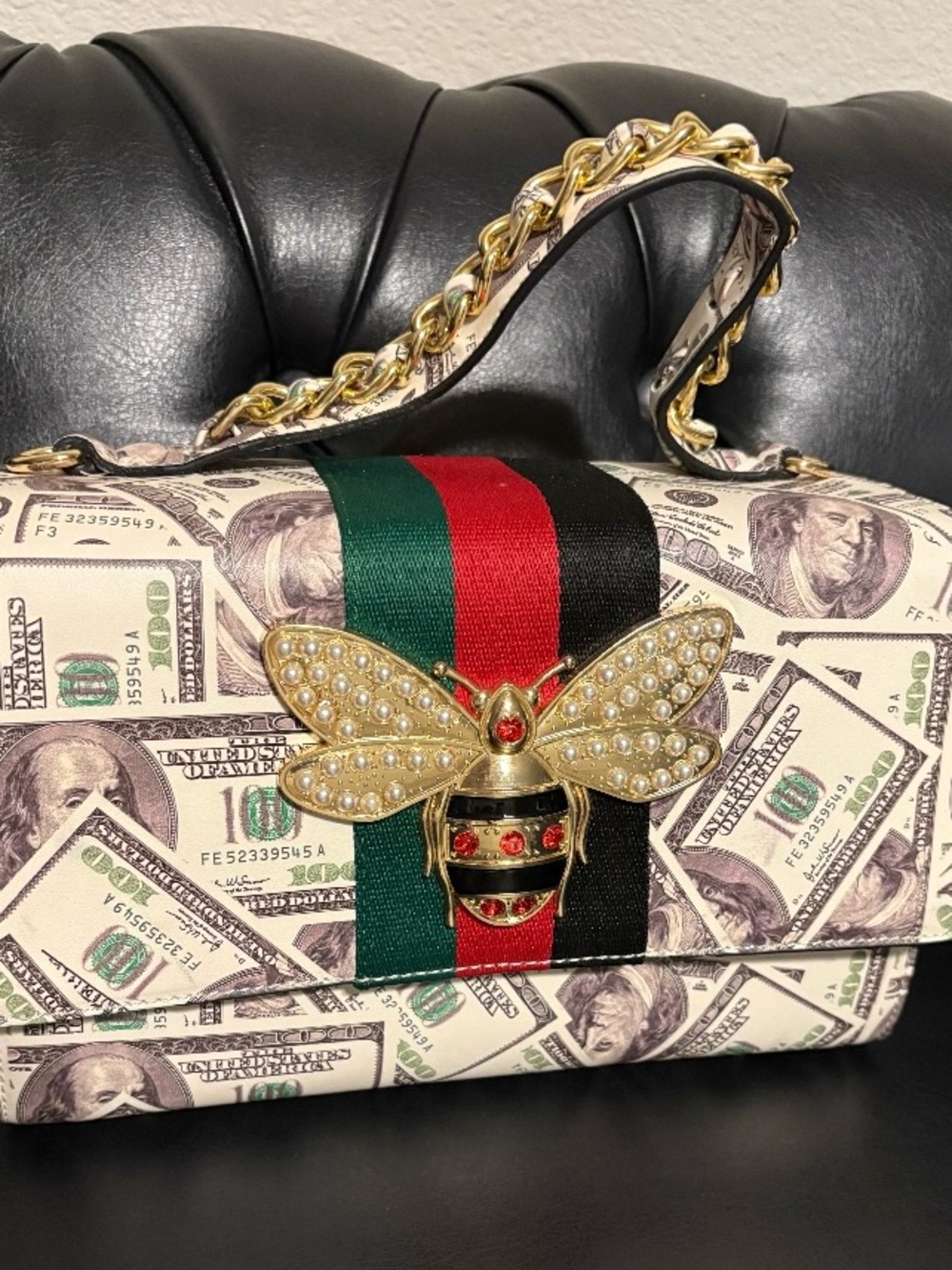 Designer-Inspired Bee Accent Money Print Shoulder Bag in Green/Red/Black